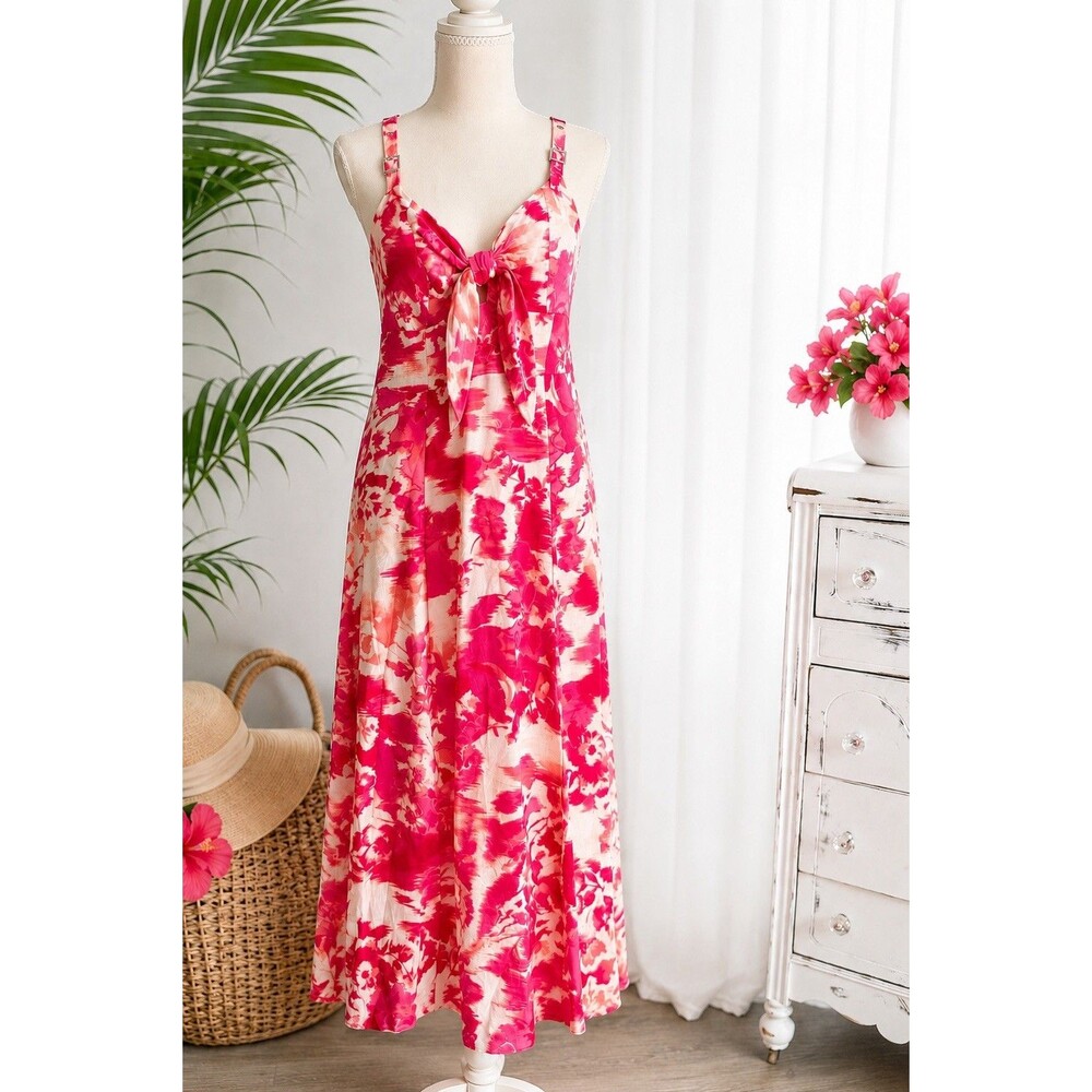 DKNY Bow Front Floral Maxi Dress 14 Pink Buckle Strap Resort Vacation NWT